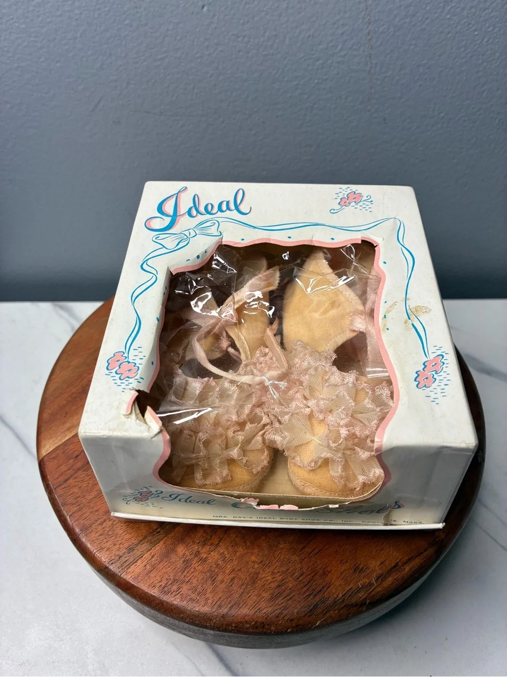Vintage Ideal Baby Crib Shoes Pink Ruffle Satin Original Box Size 2